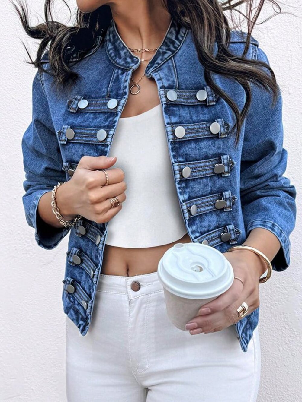 Blue Casual Women's Short Denim Jacket with Double-Breasted Front - Picture 2 of 7